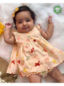 SWEETLIME BY AS - Bird Print Peach Knee Length Dress & Bloomer