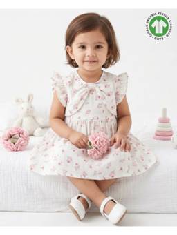 SWEETLIME BY AS - White Ditsy Pink Floral Organic Cotton Knee Length Dress & Bloomer