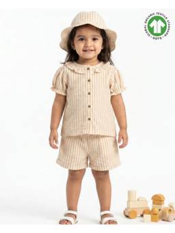 SWEETLIME BY AS - Baby Girls Honey Stripe Organic Cotton Co-Ord Set With A Hat - Beige