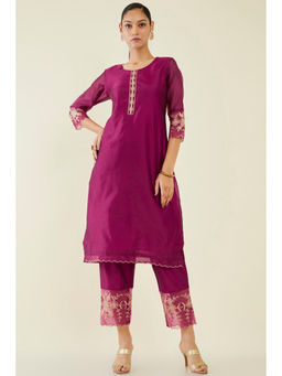 Soch - Women Magenta Chanderi Embroidered Kurta (Set of 2)