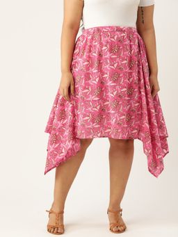theRebelinme - Plus Size Womens Fuchsia Floral Printed Asymmetrical Skirt