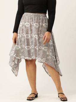 theRebelinme - Plus Size Womens Grey Floral Printed Asymmetrical Skirt