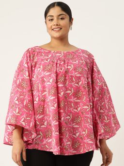 theRebelinme - Plus Size Womens Fuchsia Floral Print Flared Sleeve Cotton Top