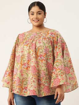theRebelinme - Plus Size Womens Green Floral Print Flared Sleeve Cotton Top