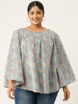 theRebelinme - Plus Size Womens Grey Floral Print Flared Sleeve Cotton Top