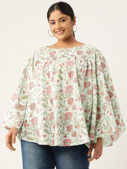 theRebelinme - Plus Size Womens Sea Green Floral Print Flared Sleeve Cotton Top