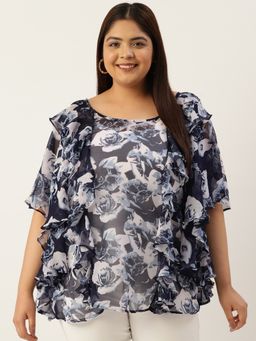 theRebelinme - Plus Size Womens Navy Rose Floral Georgette Longline Top