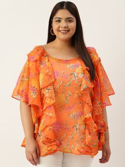 theRebelinme - Plus Size Womens Orange Floral Georgette Longline Top
