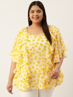 theRebelinme - Plus Size Womens Yellow Floral Georgette Longline Top