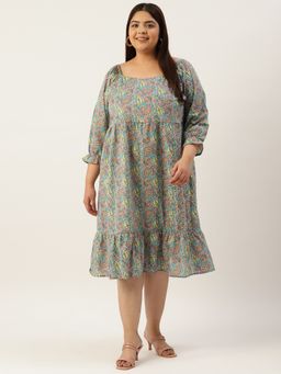 theRebelinme - Plus Size Womens Grey Floral Printed Sweetheart Neck Dress