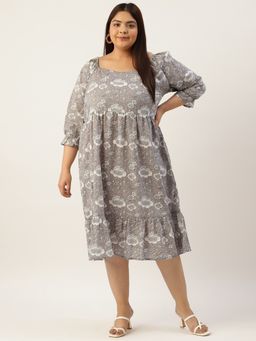 theRebelinme - Plus Size Womens Grey Monotone Floral Printed Sweetheart Neck Dress