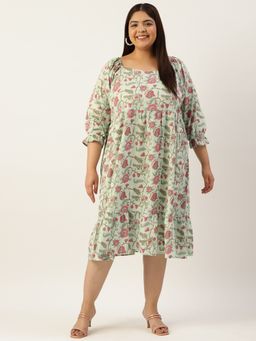 theRebelinme - Plus Size Womens Sea Green Floral Printed Sweetheart Neck Dress