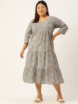 theRebelinme - Plus Size Womens Grey Floral Printed A-Line Cotton Dress