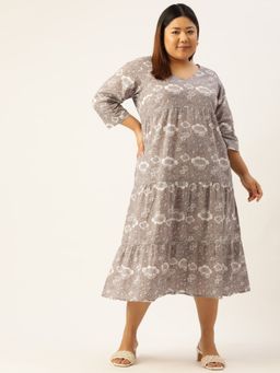 theRebelinme - Plus Size Womens Grey Monotone Floral Printed A-Line Cotton Dress