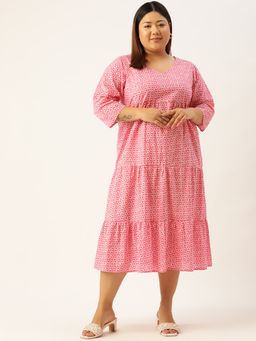 theRebelinme - Plus Size Womens Pink Floral Printed A-Line Cotton Dress