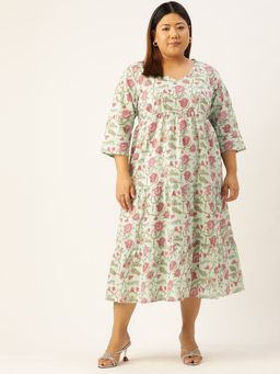 theRebelinme - Plus Size Womens Sea Green Floral Printed A-Line Cotton Dress