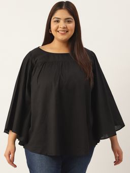 theRebelinme - Plus Size Womens Black Solid Color Flared Sleeve Cotton Top
