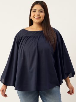 theRebelinme - Plus Size Womens Navy Blue Solid Color Flared Sleeve Cotton Top