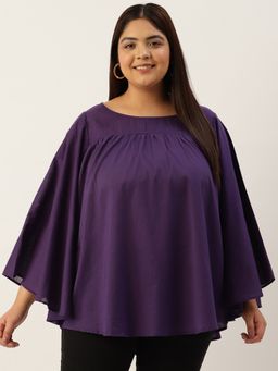 theRebelinme - Plus Size Womens Purple Solid Color Flared Sleeve Cotton Top