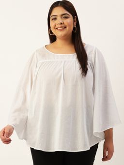 theRebelinme - Plus Size Womens White Solid Color Flared Sleeve Cotton Top