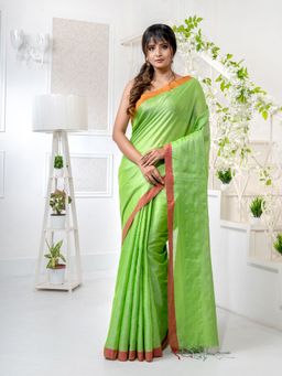 CHARUKRITI - Green Tissue Handwoven Soft Saree with Unstitched Blouse