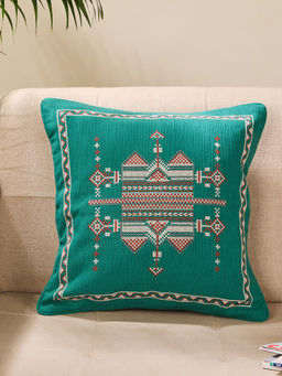 Fabindia - Teal Cotton Blend Embroidered Ahava Cushion Cover 40x40 (16x16 Inches)