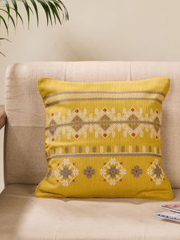 Fabindia - Yellow Cotton Blend Embroidered Ahava Cushion Cover 40x40 (16x16 Inches)