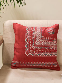 Fabindia - Red Cotton Blend Embroidered Ahava Cushion Cover 40x40 (16x16 Inches)