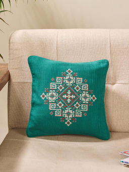 Fabindia - Teal Cotton Blend Embroidered Ahava Cushion Cover 30x30 (12x12 Inches)