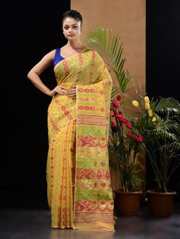 CHARUKRITI - Yellow Handwoven Saree with Ethnic & Floral Designs