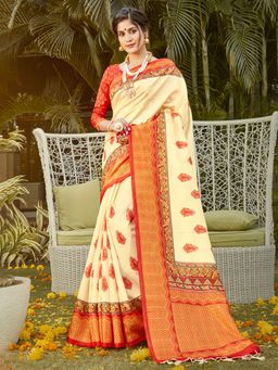 Akhilam - Womens Silk Blend Cream Digital Print Designer Saree with Unstitched Blouse