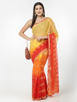 KISHORI - Chiffon Meena Zari Print and Gota Border Saree with Unstitched Blouse - Multi-Color