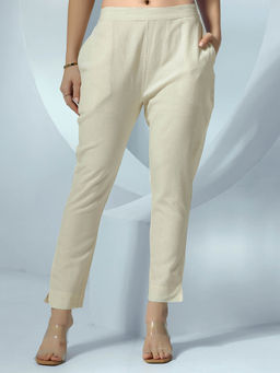 Libas - Off White Solid Straight Pant with Slits On Hem