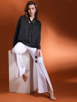 Globus - Black Polka Dots Tie-Up Neck Cuffed Sleeves Stain Top