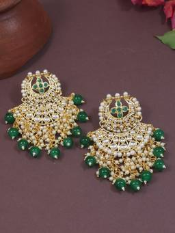 I Jewels - Green Gold Plated Kundan Earrings (Set of 2)