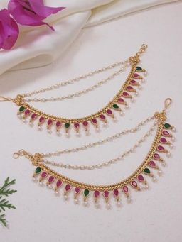 I Jewels - Multi-Color Gold Plated Stones Ear Chain (Set of 2)