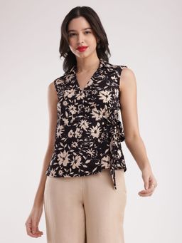 FableStreet - Floral Print Top - Black And Beige