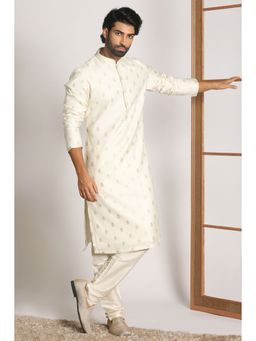 Manyavar - Blended Cotton Off White & Cream Self Design Mandarin Collar Kurta with Pencil Pajama (Set of 2)