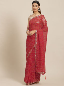 Odette - Maroon Bandhani Printed Georgette Saree with Unstitched Blouse