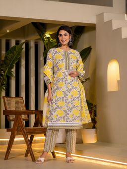 Yufta - Yellow Pure Cotton Floral Print Kurta with Pant & Dupatta (Set of 3)
