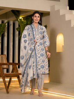 Yufta - Blue & Off White Floral Print Cotton Straight Kurta with Pant & Dupatta (Set of 3)