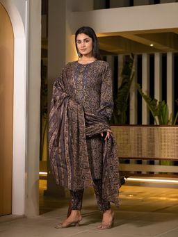 Yufta - Olive Pure Cotton Paisley Print Pakistani Kurta with Pant & Dupatta (Set of 3)