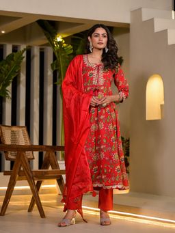 Yufta - Red Floral Embroidery Voile Anarkali Kurta with Pant & Dupatta (Set of 3)