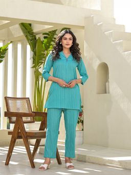 Yufta - Women Turquoise Blue Embroidered Co-Ord (Set of 2)