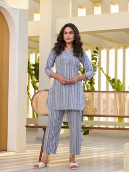 Yufta - Blue Cotton Striped Print Co-Ord (Set of 2)