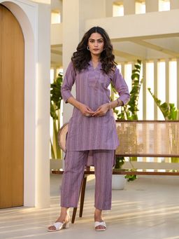 Yufta - Purple Cotton Striped Print Co-Ord (Set of 2)