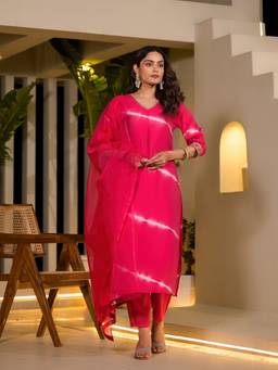 Yufta - Pink Tie & Dye Chanderi Silk Kurta with Pant & Dupatta (Set of 3)