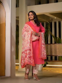 Yufta - Pink Cotton Straight Embroidered Yoke Kurta with Pant & Dupatta (Set of 3)