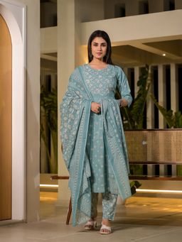 Yufta - Blue Floral Print Cotton Anarkali Kurta with Pant & Dupatta (Set of 3)