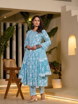 Yufta - Blue Cotton Sequins Anarkali Kurta with Pant & Dupatta (Set of 3)